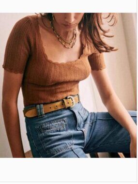 Sezane Anil Short Sleeve Sweater Knit Top Coffee Tan Sz S